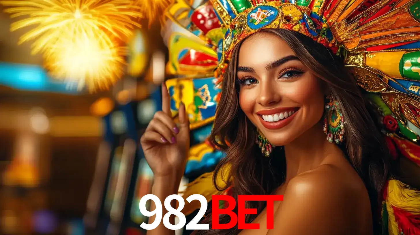 Mulher sorridente com um cocar de carnaval vibrante e colorido, celebrando uma grande vitória nos jogos do cassino 982BET com fogos de artifício ao fundo.