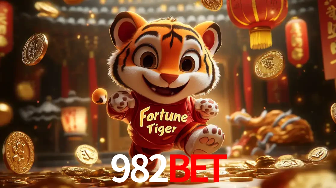 O alegre personagem do Fortune Tiger correndo sobre um caminho de moedas de ouro, simbolizando os grandes prêmios e a diversão do popular jogo de slot do 982BET.