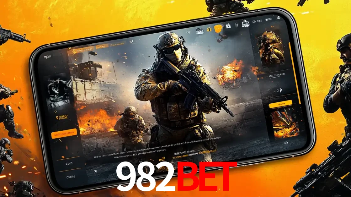 Um smartphone exibindo a interface de um jogo de tiro em primeira pessoa, com um soldado em um cenário de batalha, representando a ação dos e-sports para apostar no 982BET.