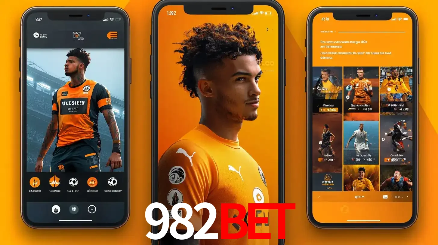 Interface do aplicativo de apostas esportivas 982BET em três telas de celular, mostrando o perfil de um jogador de futebol e a lista de jogos disponíveis para apostar.