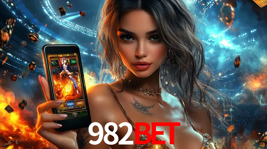 Mulher segurando um celular com um jogo de slot em destaque, tendo como fundo um estádio vibrante, simbolizando a emoção de jogar no cassino móvel 982BET.